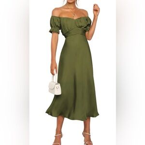 Kirundo Olive Green Midi Dress Flowy Boho Wedding Guest Cottagecore Size S NWT